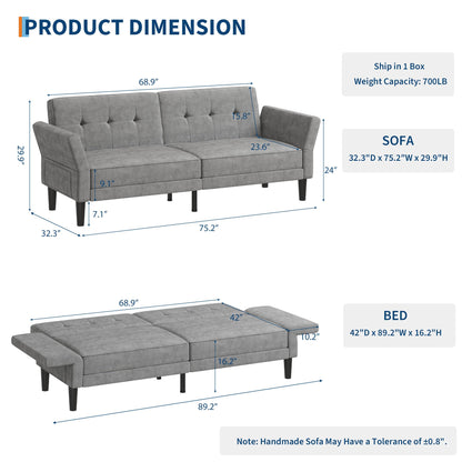 Garvee 89" Futon Sofa Bed, Modern Futon Couch Bed with Adjustable Backrest & Armrest, Comfy Convertible Sleeper Couch for Living Room Bedroom Apartment, Grey