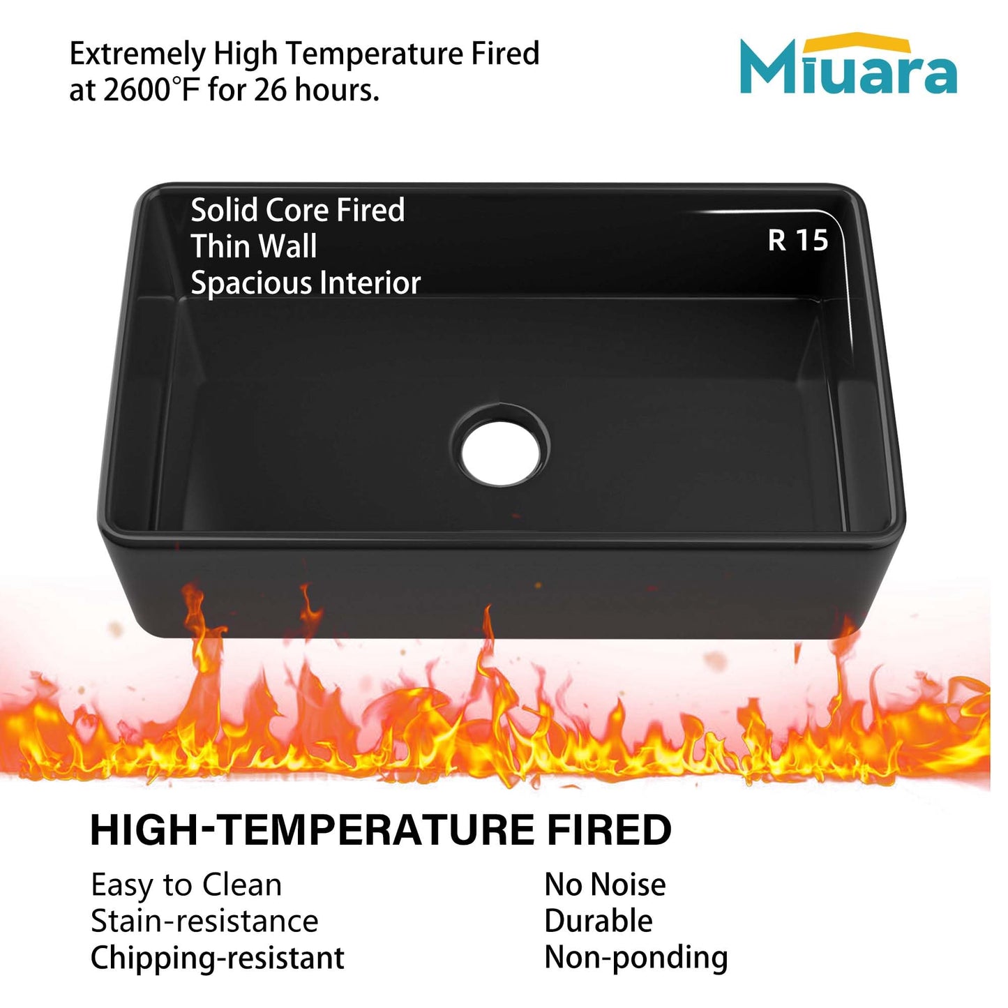 Miuara Black Farmhouse Sink 33 Inch - Large Apron Front Kitchen Sink Single Bowl 33"x18", Undermount Farm House Style, Heavy Duty Solid Fireclay, Matte Black, for Kitchen