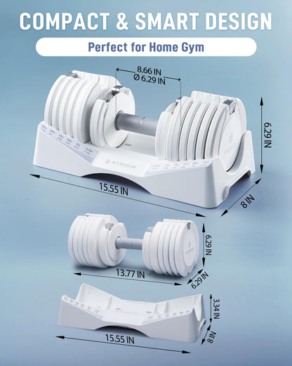 BYZOOM FITNESS Pure Series Adjustable Dumbbell 27.5LB Pair Set of 2 - 10-in-1 Adjustable Weights with Precision Micro Plates, for Strength Training & Fitness Workouts at Home Gym, Garage Gym, Small Apartments, White