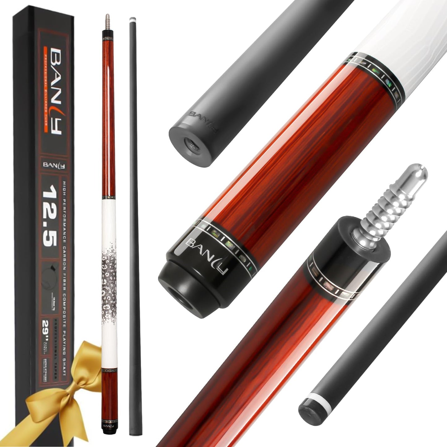 Banly Carbon Fiber Pool Cue - 12.5mm Time Crystal Tip, 58" Low Deflection Pool Sticks for Adults Professional Billiard Cue Sticks with Linggas Wood Butt