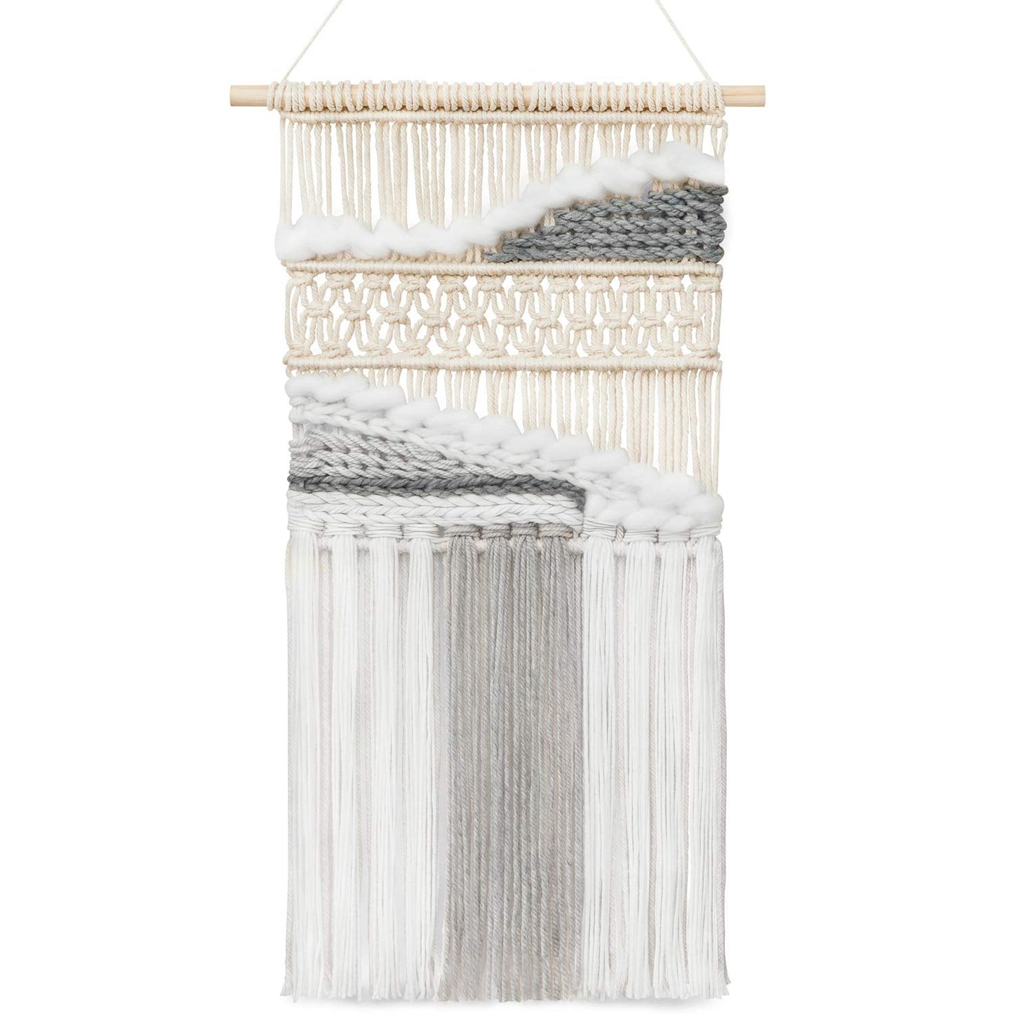 Mkono Macrame Wall Hanging Woven Boho Decor Gray Yarn Fringe Tassel Handmade Home Decoration for Bedroom Living Room Dorm Nursery Apartment, 12''W x 24.5''L