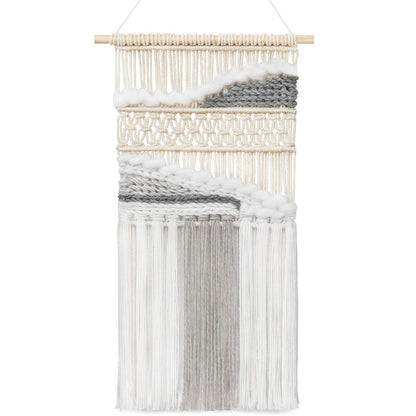 Mkono Macrame Wall Hanging Woven Boho Decor Gray Yarn Fringe Tassel Handmade Home Decoration for Bedroom Living Room Dorm Nursery Apartment, 12''W x 24.5''L