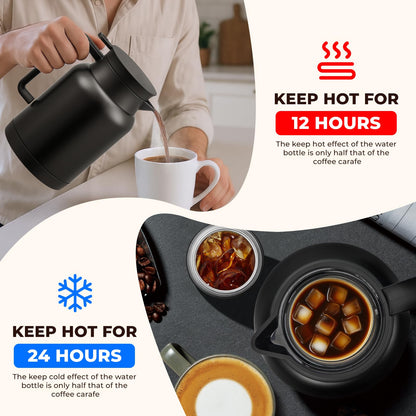 JXXM 2 Pack 49oz Thermal Coffee Carafe and 15oz Insulated Water Bottle, Stainless Steel Vacuum Thermal Carafes and Water Bottle for Keeping Coffee, Tea, Water - Keep 12 Hours Hot, 24 Hours Cold