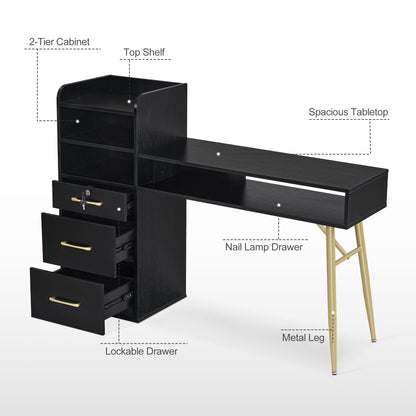 BarberPub Manicure Table with 3 Drawers & 4 Shelves, Nail Desk with Golden Handles and Legs, Nail Table for Nail Tech, Beauty Spa Workstation Equipment DC2605 (Black)