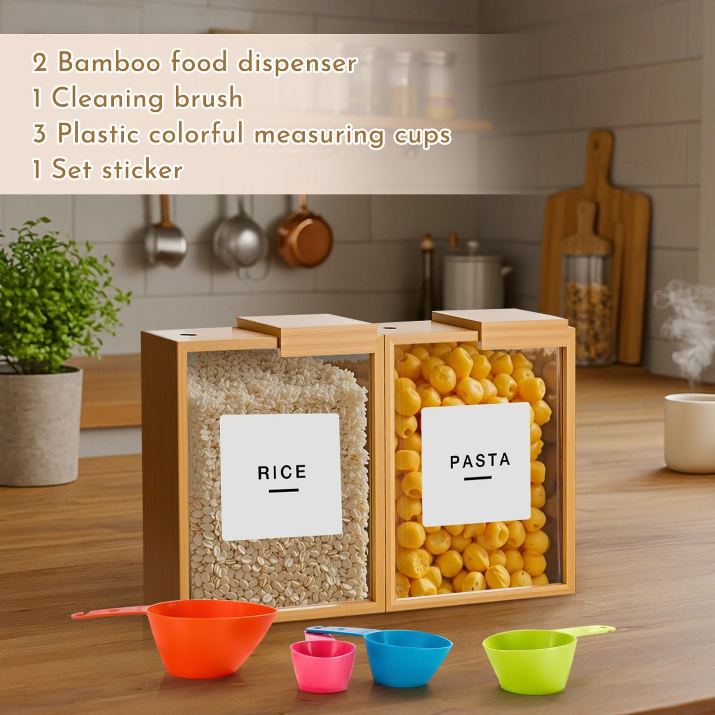 Threehoney 2 Pcs Bamboo Cereal Dispenser 75 Oz/ 2.2 l Kitchen Food Storage Containers with Measuring Cups for Airtight Pantry Organization and Storage Container Cereal Rice Flour Snack Nuts Grains
