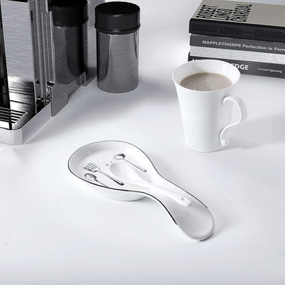 Large Porcelain Spoon Rest, Utensil Holder for Kitchen Counter, Stove Top, Dishwasher Safe, White Color