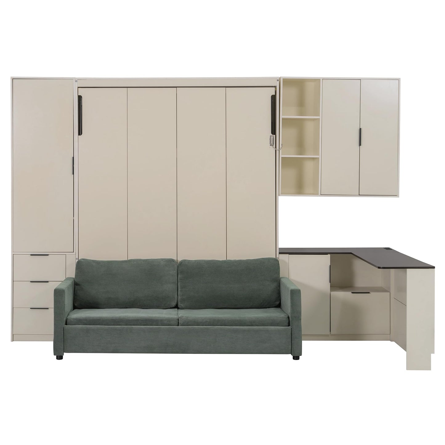 Merax Farmhouse Multi-Functional Murphy Bed with Sofa, Desk & Storage Cabinet,Solid Wood Foldable Wall Bed with/w/USB Charging Station Space Saving/No Box Spring Needed/Queen, Beige + Green