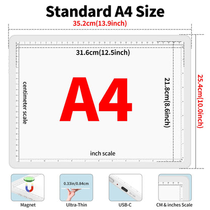 Phylosal Magnetic A4 Light Pad with Bag, Super Bright Light Box with Side Button, Diamond Art Light Board, Lightbox for Tracing and Drawing, USB Power Light Table for Sketching, Weeding Vinyl (White)