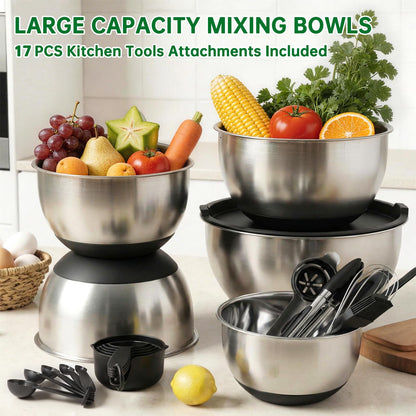 Deedro Premium Mixing Bowls with Airtight Lids Set, 22Pcs Thicker Stainless Steel Mixing Bowl Set, Large Prep Metal Bowls, Non-Slip Silicone Base Nesting Bowls for Kitchen, 1.5/2/3/4/5 QT, Black