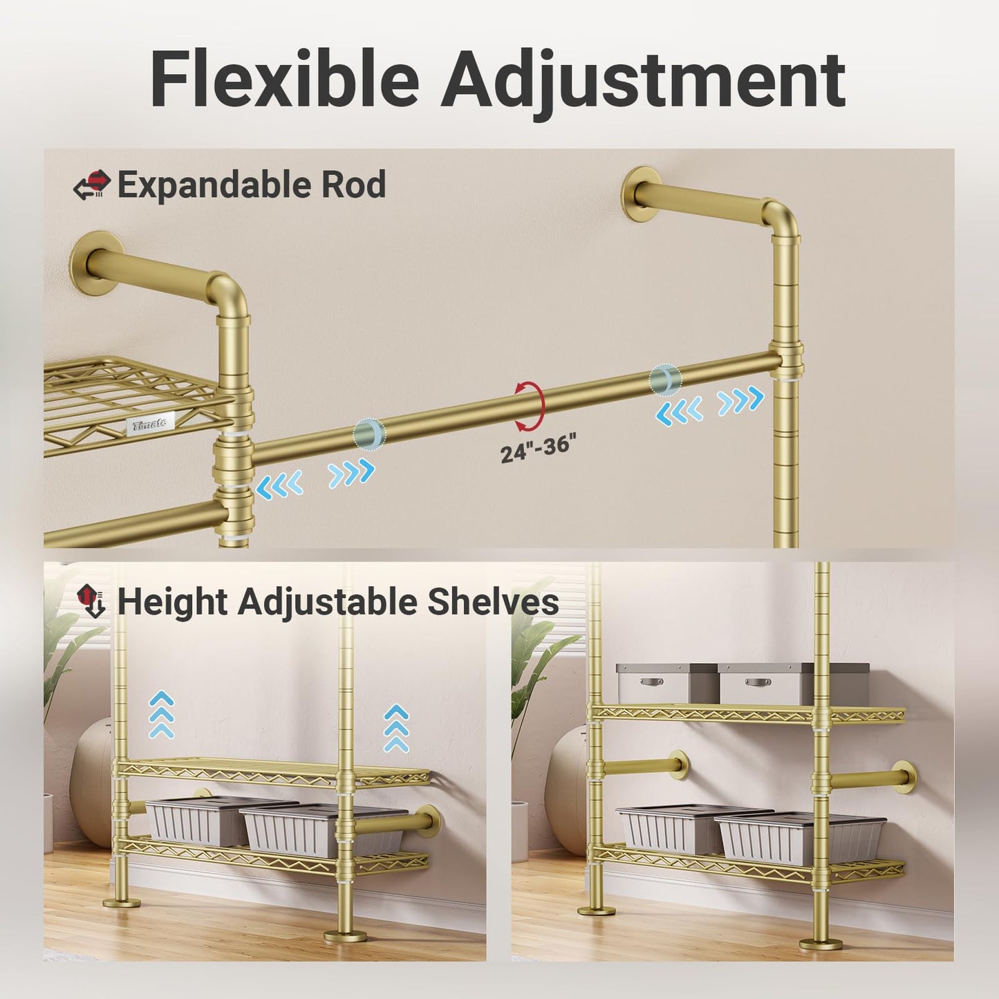 Timate F6 Wall Mounted Clothes Rack - Expandable Industrial Pipe Closet System, Heavy Duty Hanging Garment Rack, Closet Organizer & Storage Solution for Wardrobe, Bedroom,Walk-in Closets,Gold