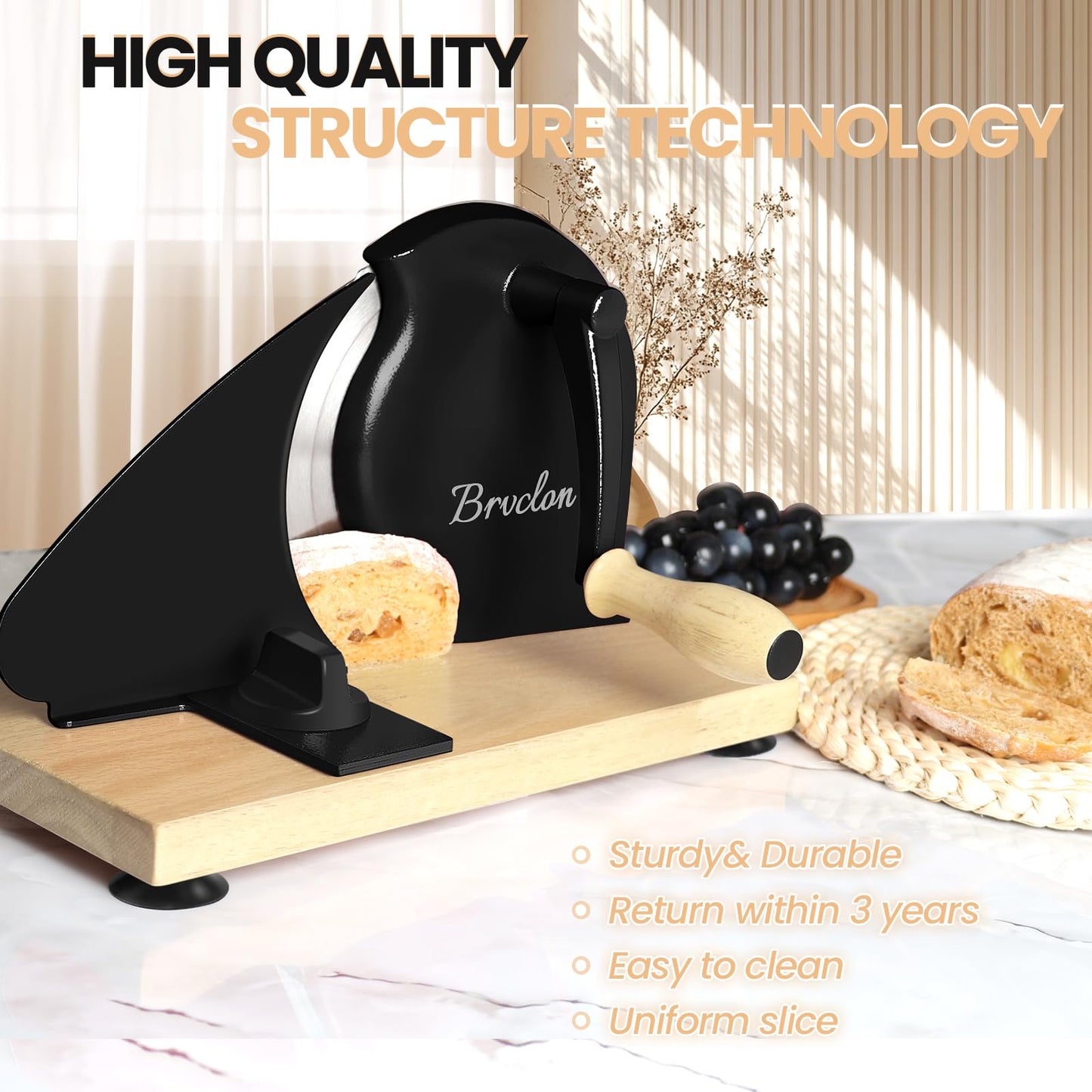Brvclon Manual Bread Slicer for Homemade Sourdough,Adjustable Thickness,Hand Crank Bread Slicer with Stainless Steel Blade, Aluminum Alloy Frame & Solid Wood Base with Natural Wood Veneer Finish