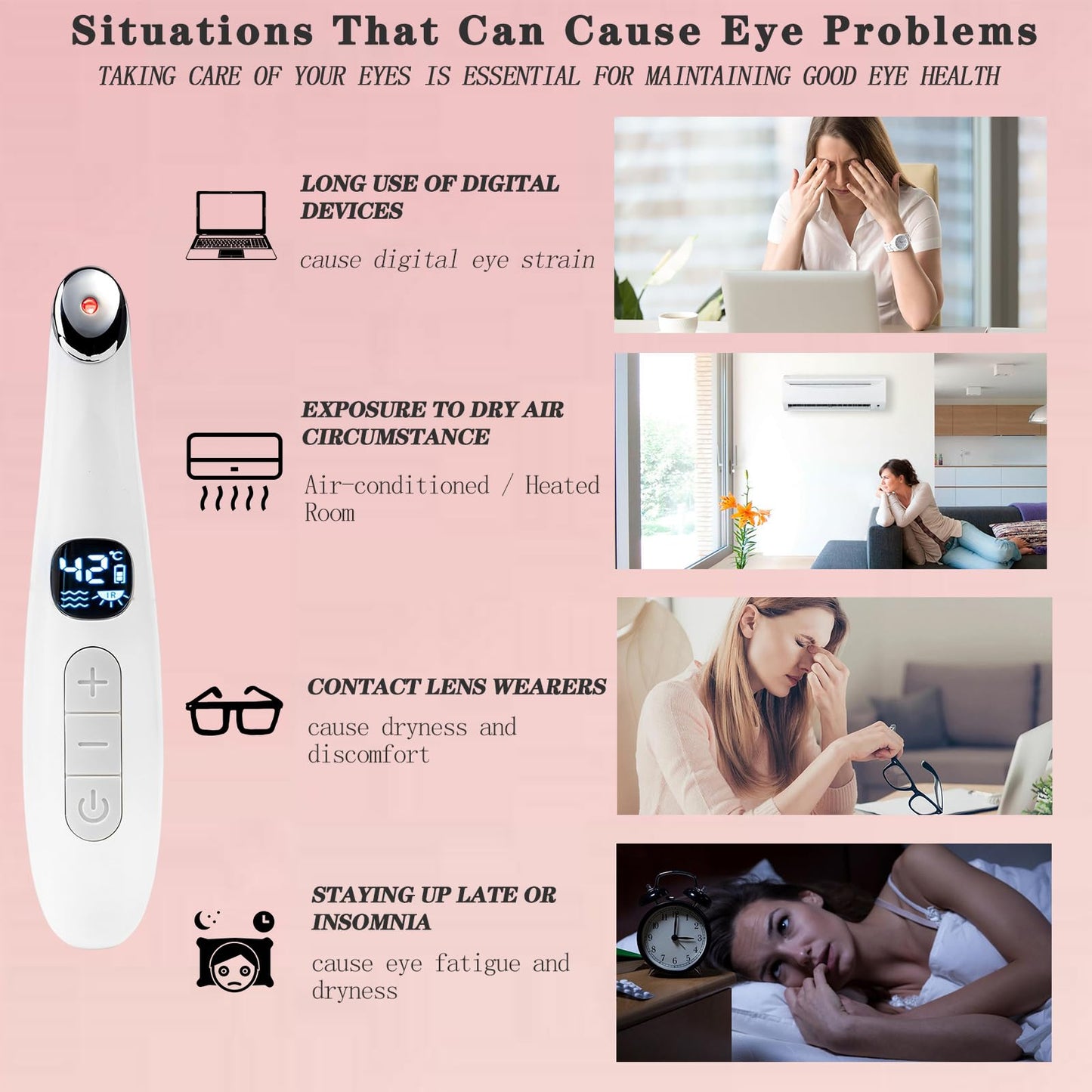 Vowleike Eye Lift Wand, 3 in 1 Vibrating Red Light 98°F to 113°F LCD Display Eye Massager for Dry Eyes, Dark Circles and Puffiness, Electrical Face, Neck Sculpting Pen for Fine Lines and Wrinkles