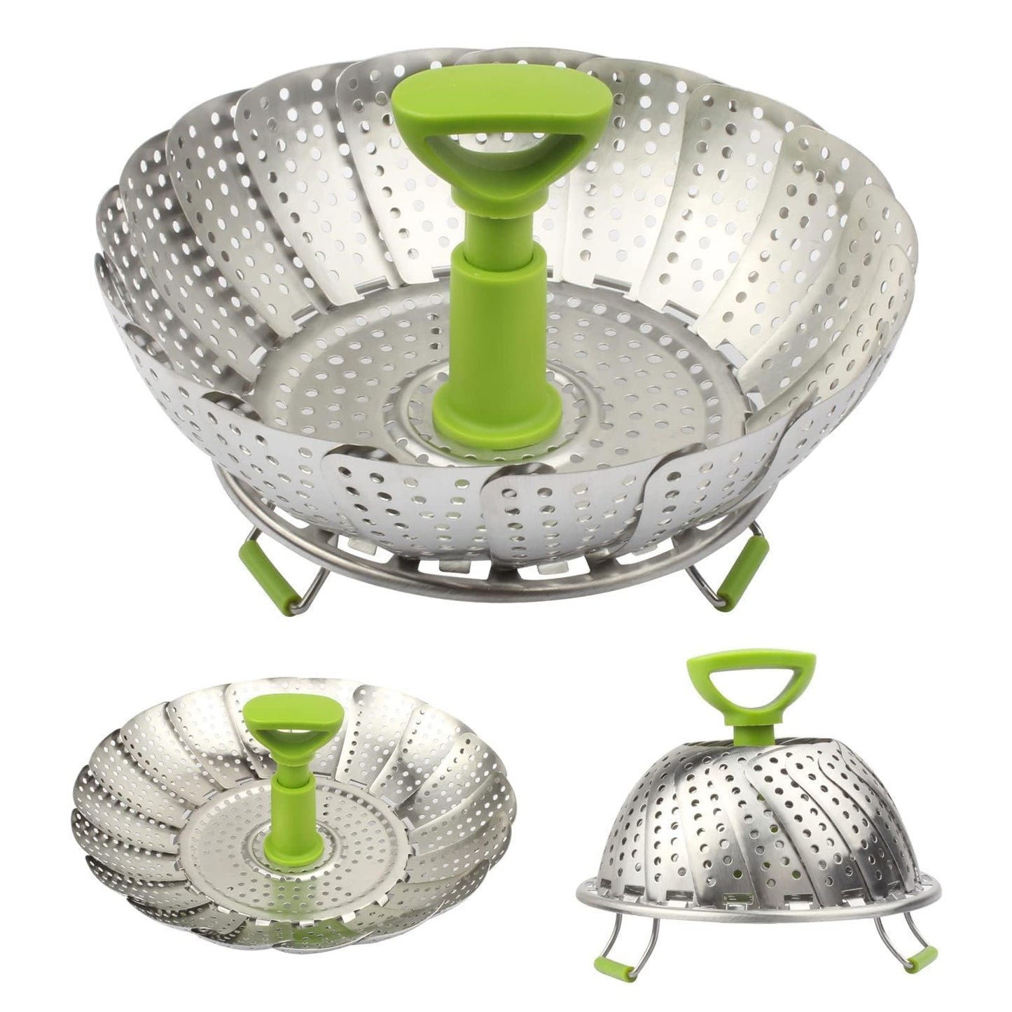 Sihuuu Folding Stainless Steel Steamer Basket (7-11 Inches) with Heat Resistant Handle - Ideal for Cooking Seafood, Vegetables, Fruits - Expandable and Easy to Clean - Dishwasher Safe