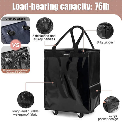 CIMAZHEN (Medium,Black) Reusable Grocery Bag on 4 Wheels, Foldable Rolling Tote Bag with 3 Handles and Zipper, Storage Organizer for Groceries, Rolling Shopping Cart for Travel, 76lb