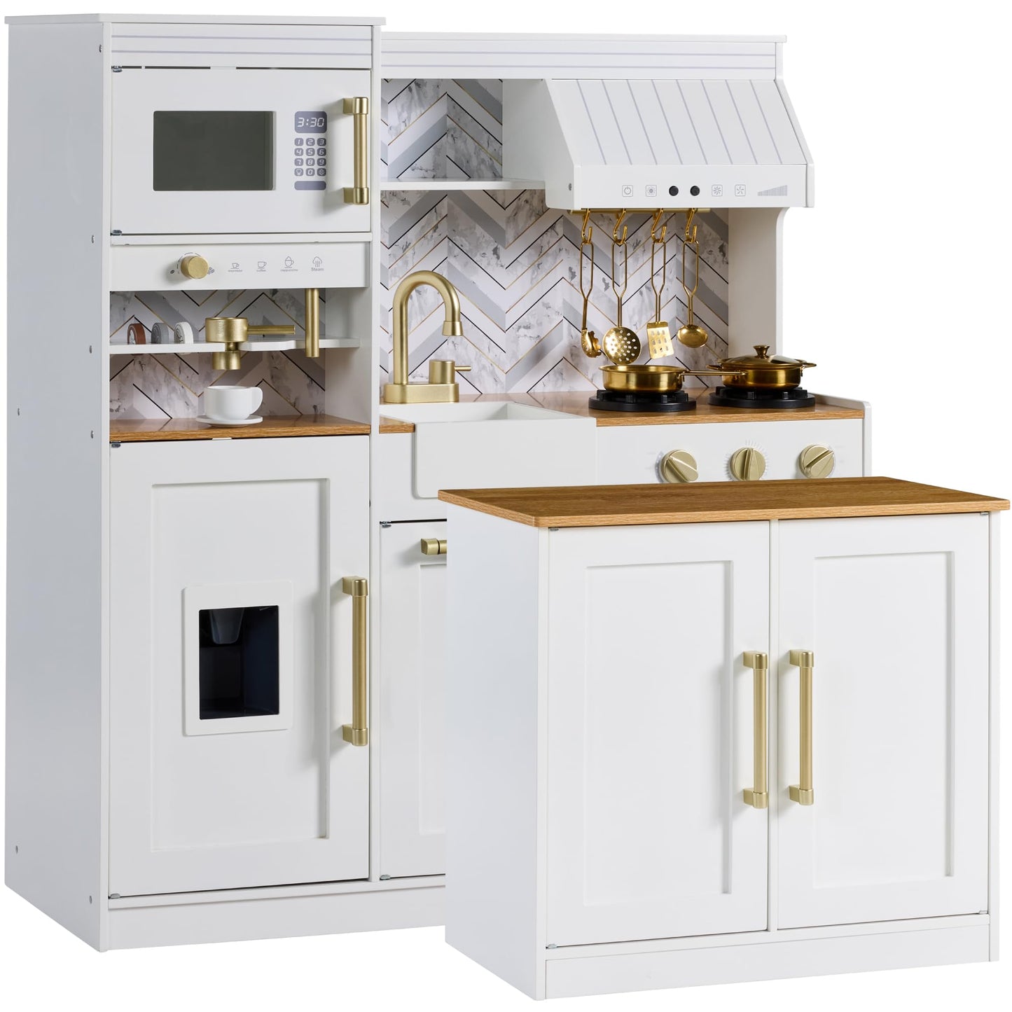 Best Choice Products Pretend Play Kitchen for Kids, Interactive Wooden Toddler Playset with Island, Espresso Machine, 17 Accessories - White