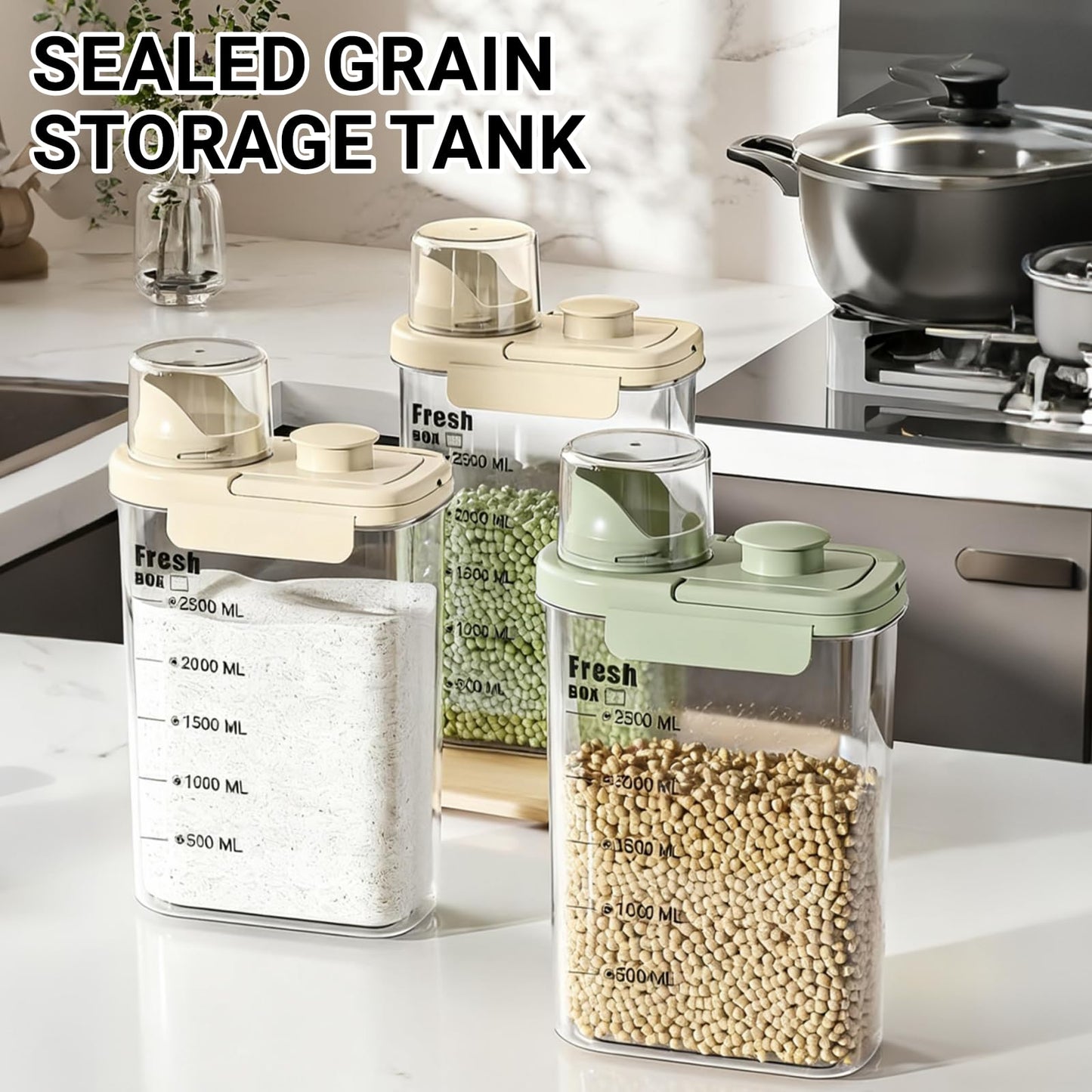 WHuaRunSen Air Tight Cereal Container Organizer-2 Pack 2.8L Food Storage Container with Outlet Measuring Cup Lid, Ideal for Dry Food, Rice, Sugar, Pet Food dispenser - BPA free（Green）