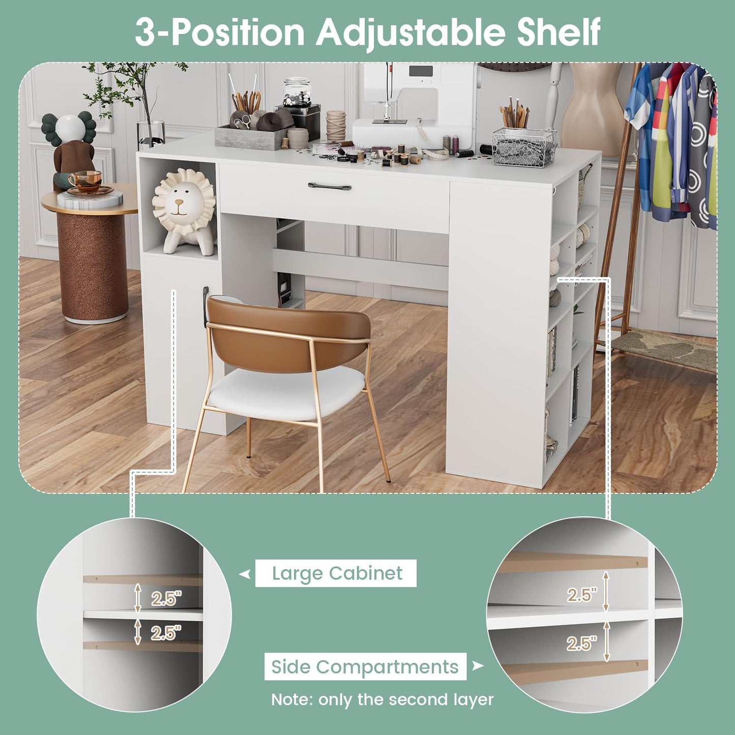 Giantex Craft Table with Storage, 53'' Artwork Sewing Table with 14 Cube Storage Shelves, Large Drawer, Cabinet with 2 Shelves, 36'' Counter Height Sewing Workstation White Drafting Writing Desk