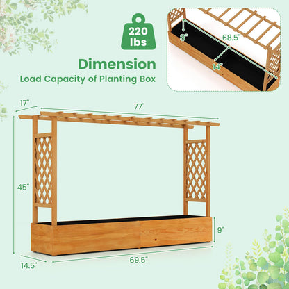 Giantex 2 Pcs Raised Garden Bed with Trellis & Hanging Roof, Wood Planter Box with Bottom & Drainage Holes, Freestanding Garden Planter for Flower Fruit Vegetable Herb Climbing Vine (77"x14.5"x45")