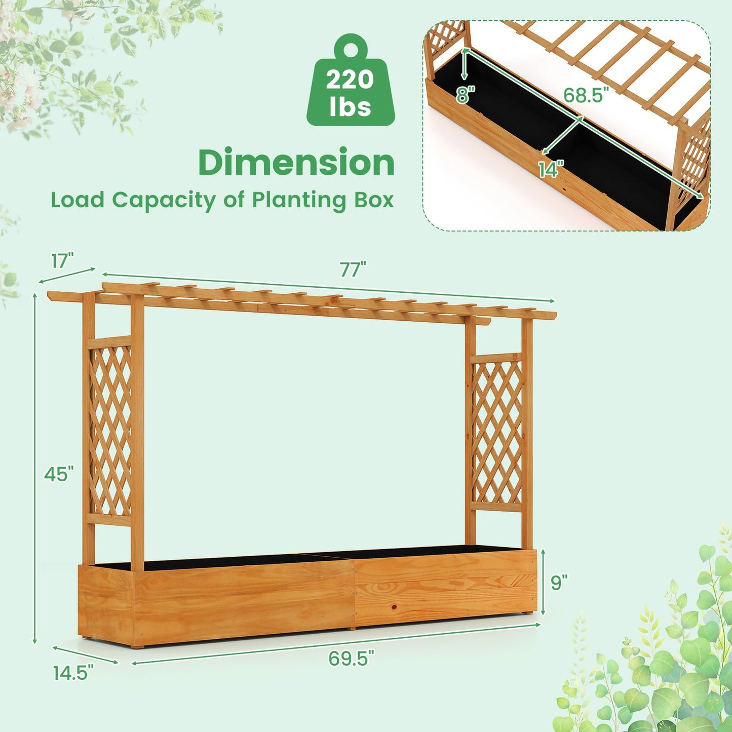 LDAILY Raised Garden Bed with Trellis, Above Ground Garden Bed with Hanging Roof, Side Trellis, & 6 Drainage Holes, Planter Box for Outdoor Climbing Plants Vines Flowers