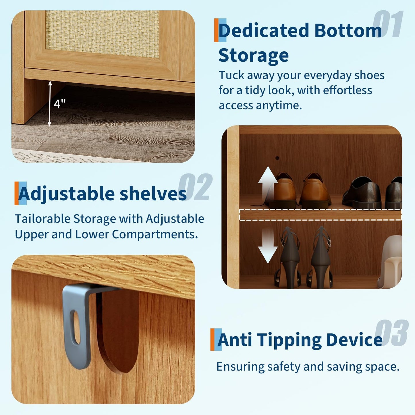 GarveeHome Rattan Shoe Storage Cabinet, Wooden Shoe Rack Organizer Cabinet with 3 Doors and Adjustable Shelves for Entryway Living Room Hallway, Dark Oak
