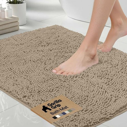 GORILLA GRIP Bath Rug Mat - Thick Absorbent Chenille | Quick-Dry Microfiber, 54x24, Gray Beige