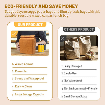 Waxed Canvas Lunch Bags Brown Paper Bag Styled - Classic Updated - Reusable and Washable, Worthbuy Lunch Box for Men & Women