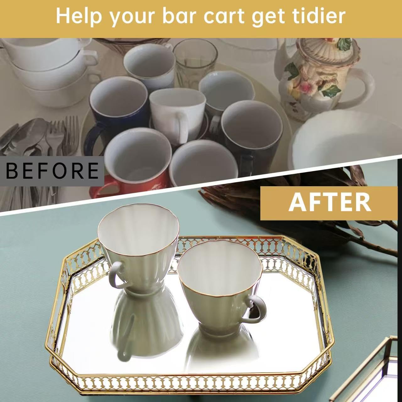 Bar Cart Tray, Decorative Mirrored Tray with Handles, Large Capacity Organizer, Gold
