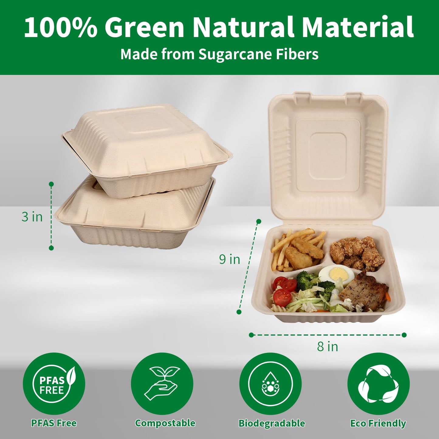 Aricsen 100 Pack 3 Compartment Compostable 8x9 Inch Takeout Lunch Box Containers with Lid To Go Take Out Clamshell for Food, Disposable Eco-Friendly Biodegradable Bagasse, PFAS-Free, Brown