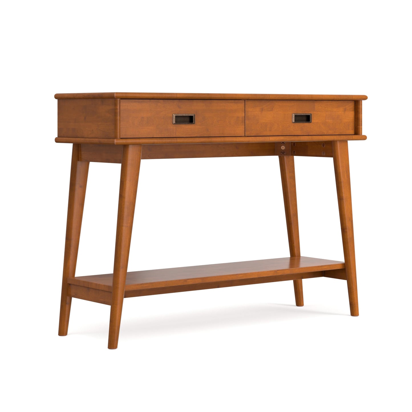 SIMPLIHOME Draper Console Table - 42 inch Wide Solid Wood Entryway Table in Teak Brown, Mid-Century Modern Accent Table for Hallway and Living Room with 2 Drawers and Open Shelf