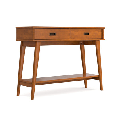 SIMPLIHOME Draper Console Table - 42 inch Wide Solid Wood Entryway Table in Teak Brown, Mid-Century Modern Accent Table for Hallway and Living Room with 2 Drawers and Open Shelf