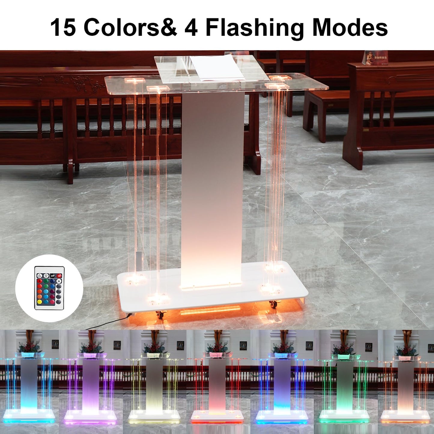Devloutt Acrylic Church Pilpits with Wheels, 46'' Church Podium with 15 Colors RGB LED Lights,Podium Stand Lecterns Pulpits for Church, Wedding, Concert Speech, Classroom (40”L*17.7”W *46.6”H)