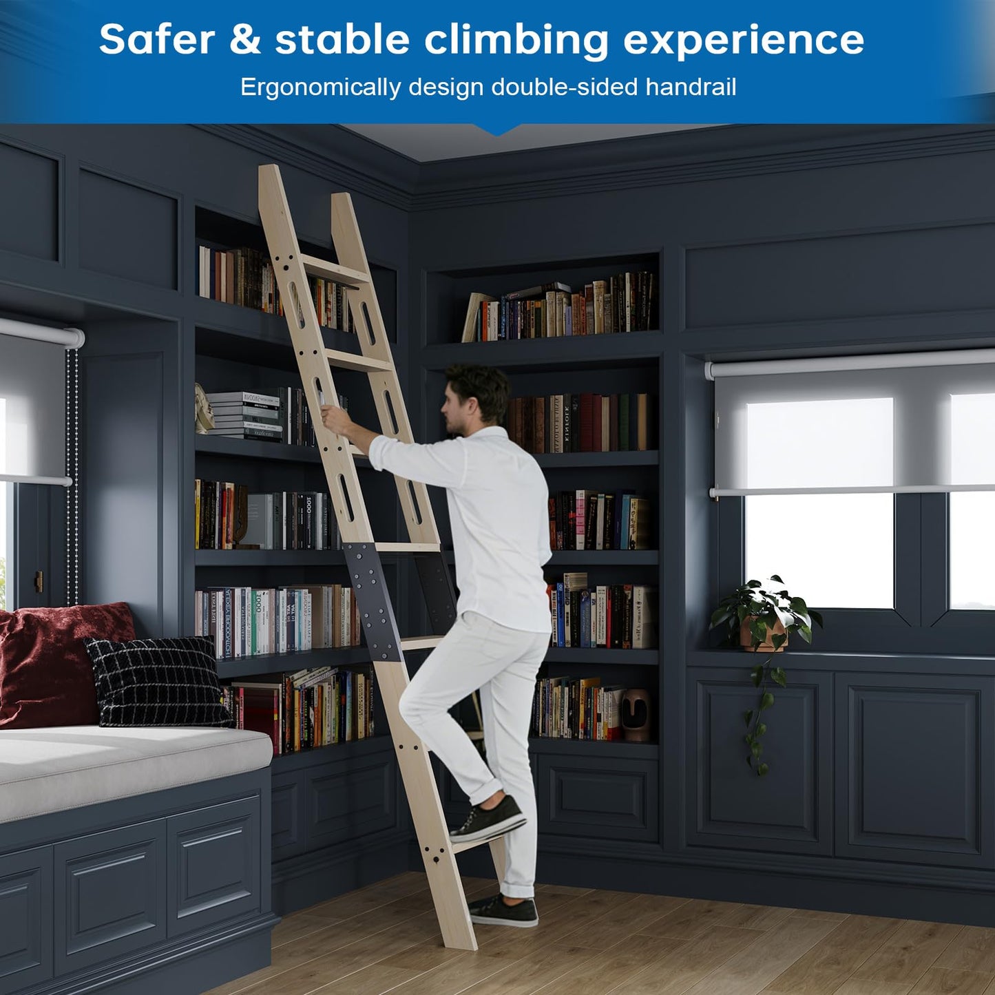 CEAKIAN Rolling Library Ladder 8ft,450lbs Capacity,7 Steps with Build-in Handrail,Solid Wood,Easy Assembly for Loft Bookshelf Kitchen Attic Outdoors,DIY Stain (No Sliding Hardware)