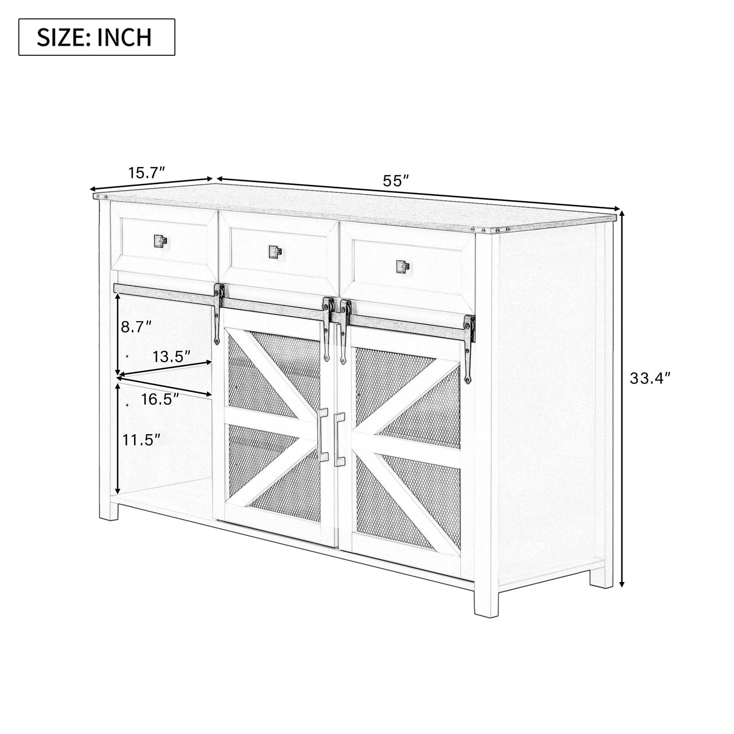 GDFStudio 55" Farmhouse Buffet Cabinet with Sliding Barn Mesh Doors & 3 Drawers, Sideboard Storage Cabinet with Adjustable Shelves, Coffee Bar Cabinet Credenza for Dining Room Living Room, Navy Blue