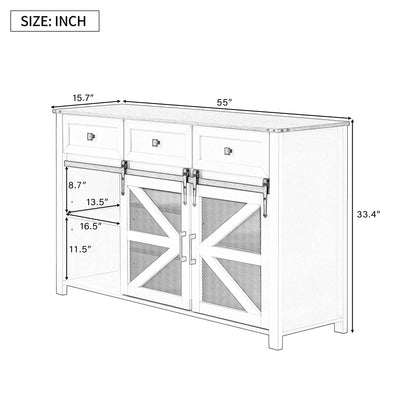 GDFStudio 55" Farmhouse Buffet Cabinet with Sliding Barn Mesh Doors & 3 Drawers, Sideboard Storage Cabinet with Adjustable Shelves, Coffee Bar Cabinet Credenza for Dining Room Living Room, Navy Blue