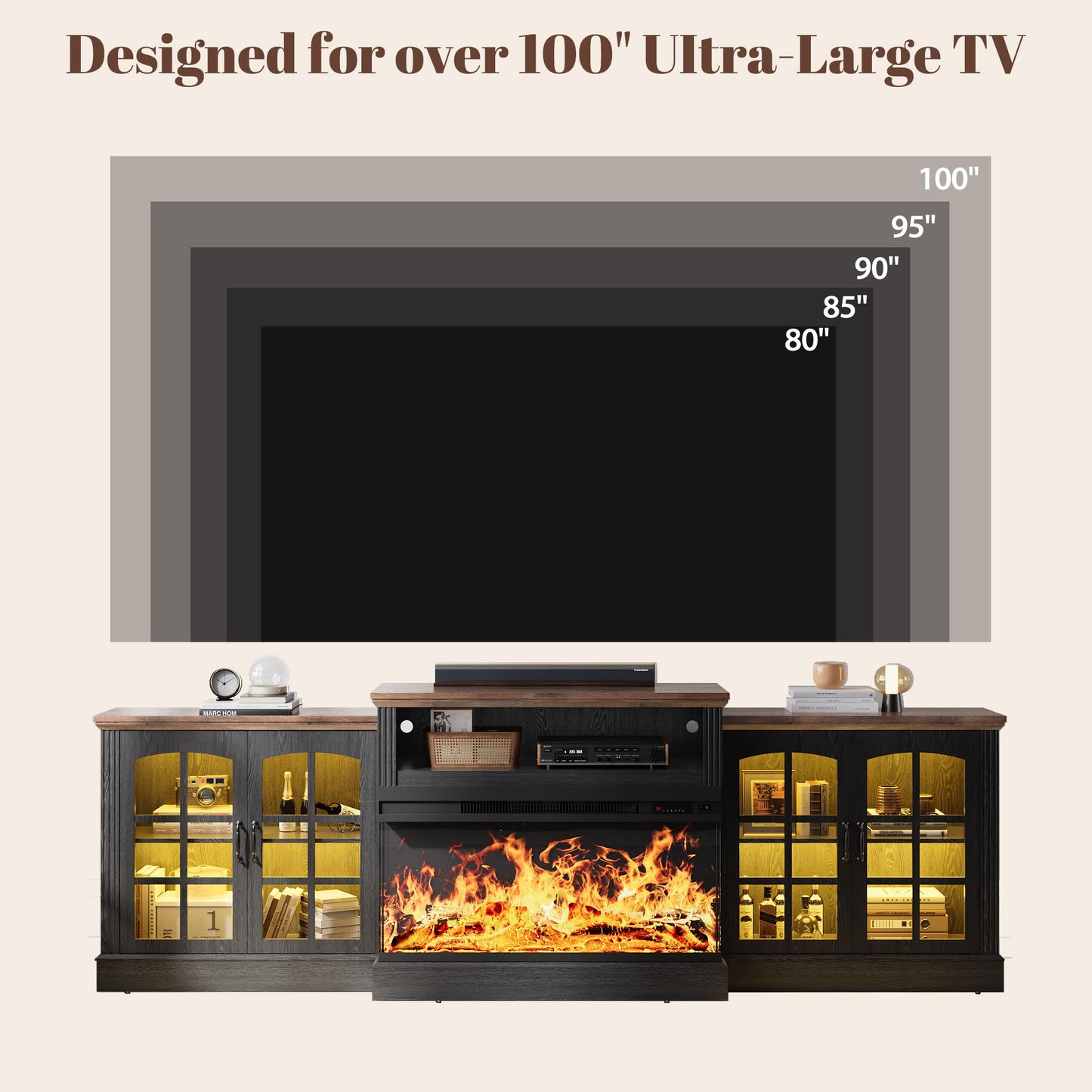 97" Farmhouse Fireplace TV Stand for TVs Up to 100", Entertainment Center with 36" 3-Sided Glass Electric Fireplace, 12 Flame Colors & LED Light Modes, Media Console for Living Room, Black