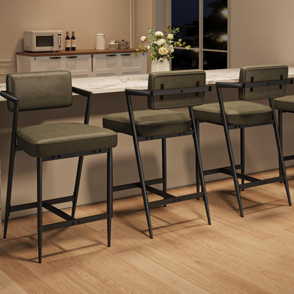 Garvee Bar Stools Set of 6 w/Arms & Footrest, Upholstered Bar Stools with Backrest & Thickened Metal Legs, Counter Height Bar Stools with Thick Cushion for Island, Counter Bar, Retro Green