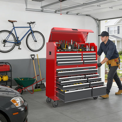 Tool Chest 18-Drawer | 66'' Large Rolling Tool Chest with Wheels | Detachable Top Metal Tool Box with Gas Struts | Lockable Rolling Tool Cabinet with Liners,Power Strip | Garage, Repair Shop, Workshop