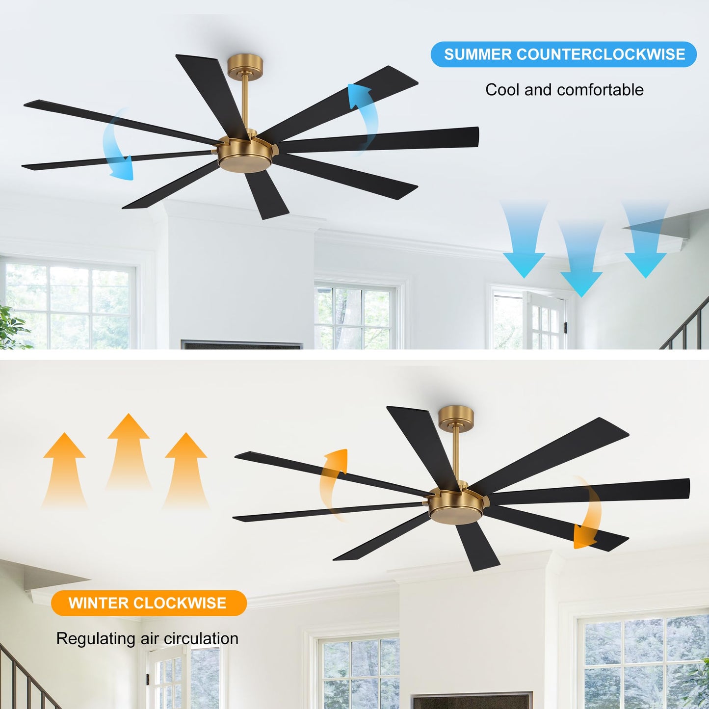 WINGBO 60" Ceiling Fan without Light, Modern Large Ceiling Fan with Remote Control, 6-Speed Reversible Noiseless DC Motor, Gold and Walnut/Black Blades for Living Room, Bedroom & Covered Outdoor