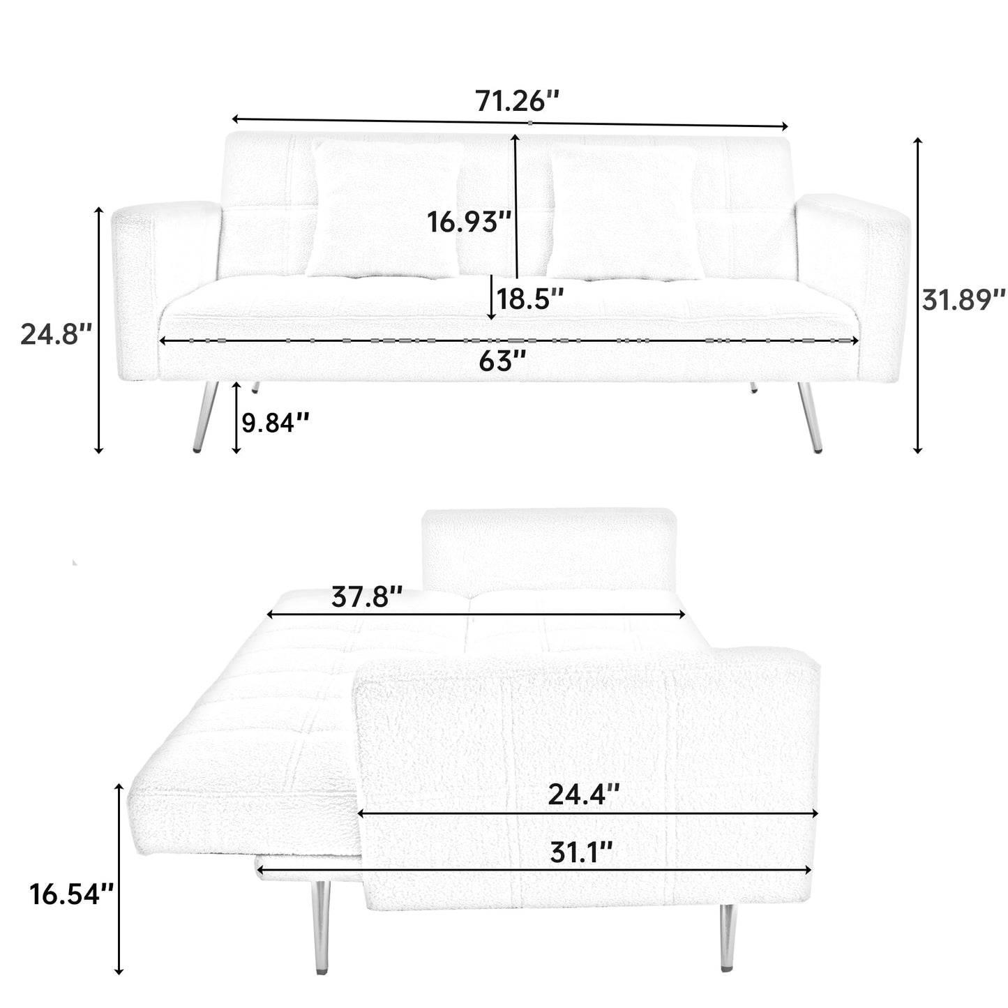 KEIKI 72" Folding Futon Sofa Couch w/Adjustable Backrest, Mid Century Modern Loveseat Convertible to Sleeper Bed, Small Comfy Teddy Cloud Couch SofaBed for Living Room & Bedroom, 2 Pillows, Gray