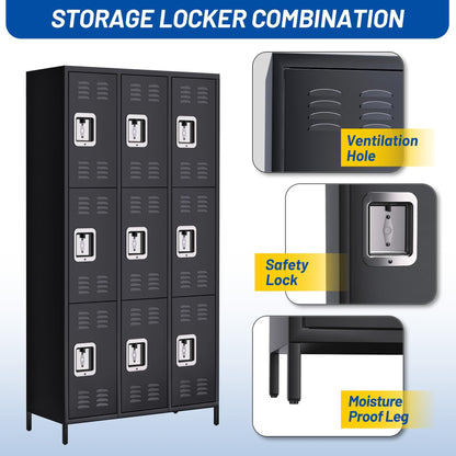 MERXENG Metal Storage Locker with 9 Doors, Metal Locker for Employees with 18 Hooks for Garage School Office Gym Home, Assembly Required, Black