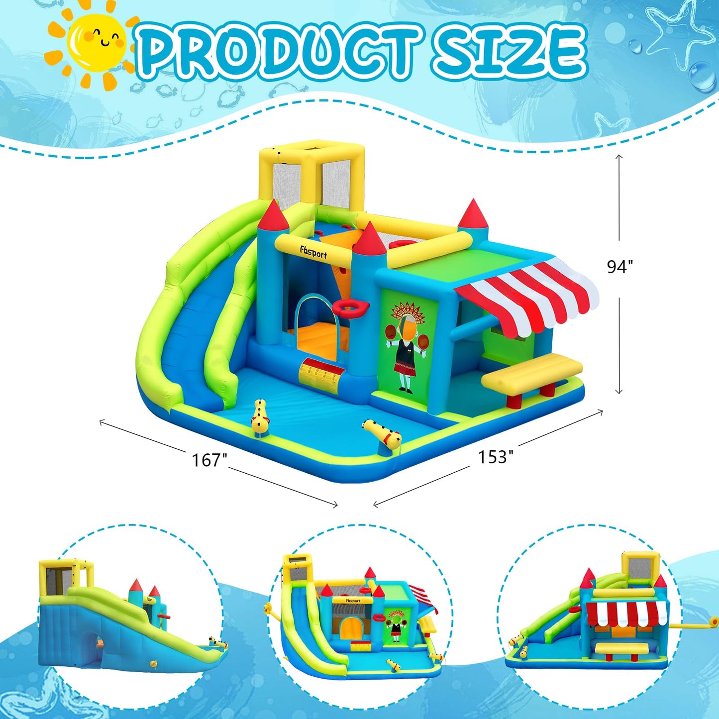 FBSPORT Inflatable Bounce House Water Slide, Bounce House for Kids with Toy Market Stand Splash Pool Bouncer Climbing Wall Water Gun Ball Dart, Bouncy Castle W/620W Blower for Outdoor Indoor, Green