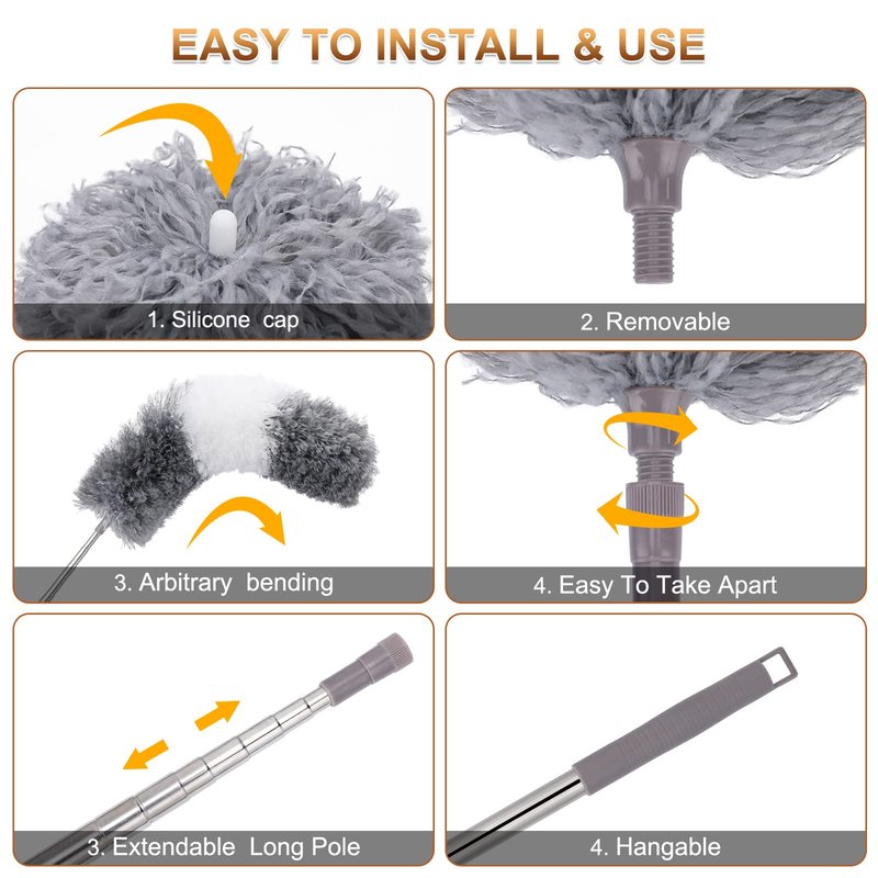 DEEHYO Microfiber Duster for Cleaning Fan, High Ceiling, Blinds, Furniture, Cars , 9PCS Extendable Feather Duster (Stainless Steel) 30 to 100 Inches, Reusable Bendable Washable