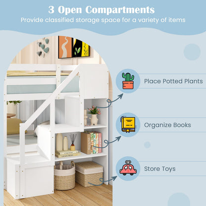 Giantex Twin Over Full Bunk Bed with Stairs, Solid Wood Floor Bunk Bed with Storage Staircase & Full-Length Guardrails, Low Bunk Bed with for Kids, Teens, Adults, Dorm, Small Space, White