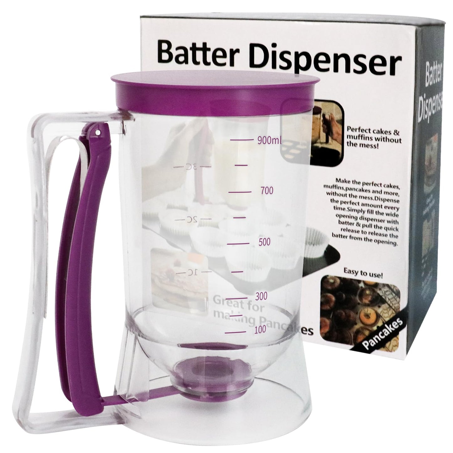 MIWOGA Pancake Batter Dispenser, Kitchen Must Have Tool for Perfect Pancakes, Cupcake, Waffle, Cake & Crepe, Batter Separator Maker with Measuring Label, Easy Pour Baking Supplies for Griddle (Purple)