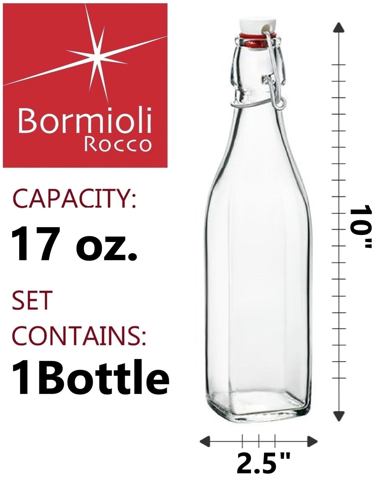 Bormioli Rocco Swing 17 oz. Square Swing-Top Glass Bottle with Airtight Seal and Metal Clamp for Drinks, Juices, Wine, or Dressings, Single Bottle