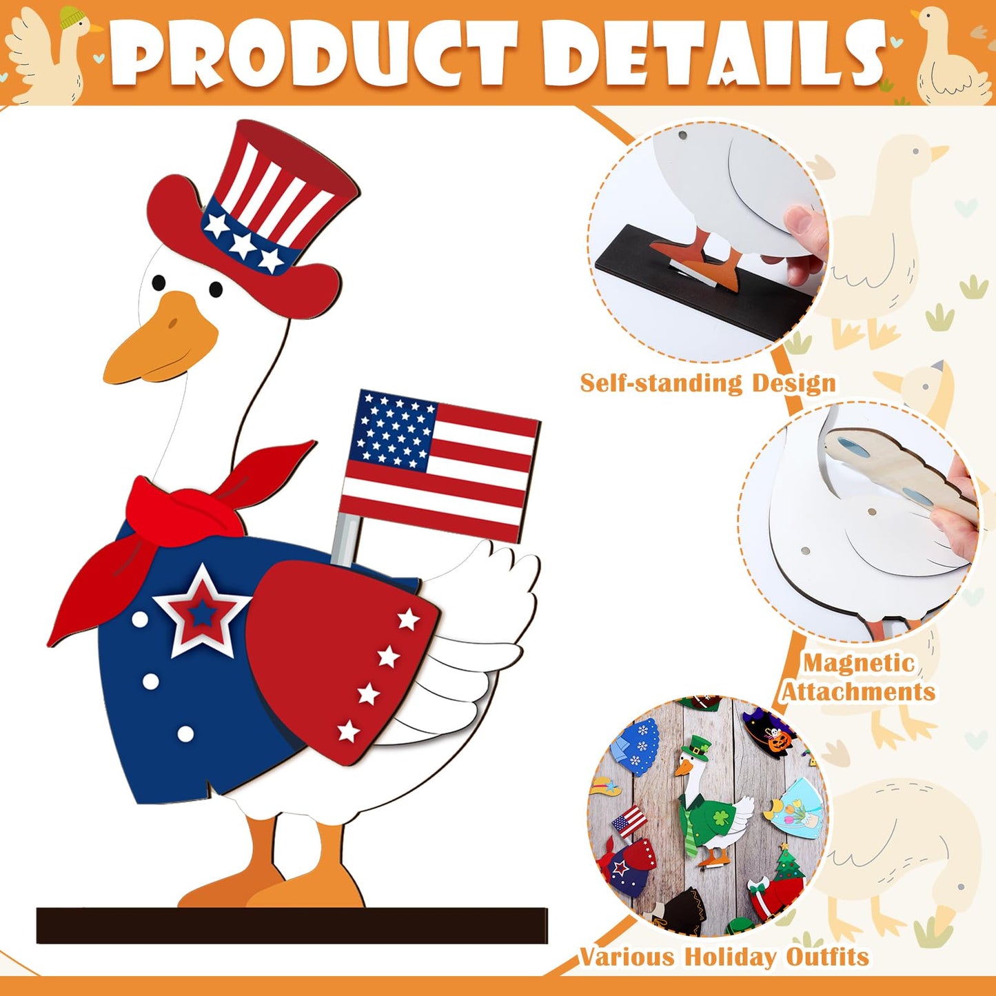 Menkxi 27 Pcs Interchangeable Seasonal Goose Table Decor Wooden Desk Goose Outfit Signs Farmhouse Table Centerpiece with Holiday Icon Rustic Spring Patriotic Memorial Day Spring Decor for Home Office