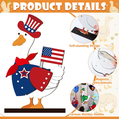 Menkxi 27 Pcs Interchangeable Seasonal Goose Table Decor Wooden Desk Goose Outfit Signs Farmhouse Table Centerpiece with Holiday Icon Rustic Spring Patriotic Memorial Day Spring Decor for Home Office