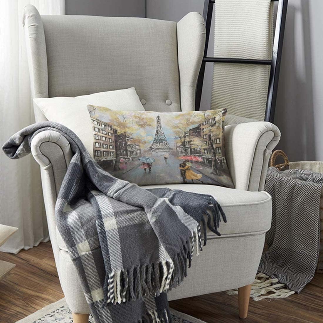 Paris Pillow Cover 12x20 inch - Oil Painting Autumn Lovers Kiss on Rainy France Street Decorative Throw Pillow