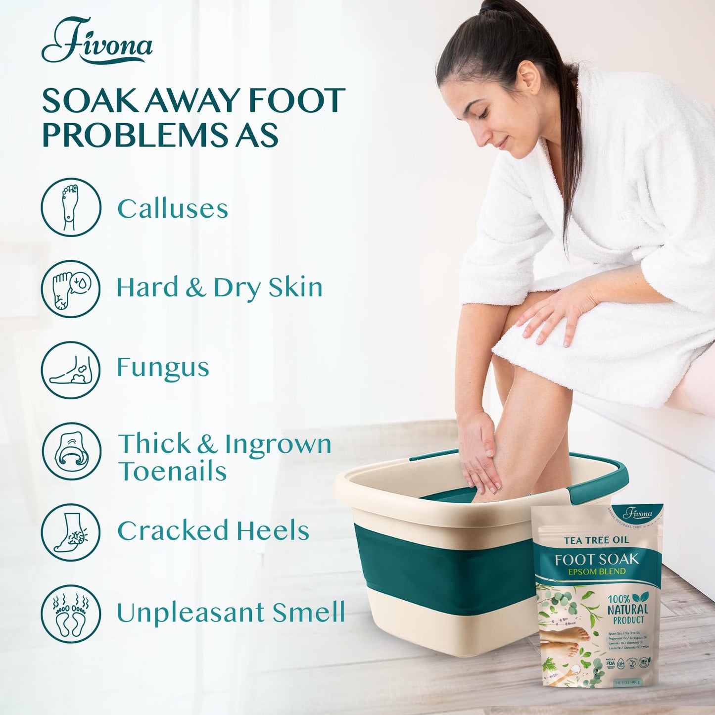 Fivona Collapsible Foot Bath Basin - Pedicure Foot Soaking Tub for Tired Feet, Cracked Heels, Soothe Soreness, Soften Calluses