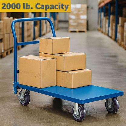 Blue Steel Platform Truck 2000 lb. Capacity - 24" x48" Heavy-Duty Utility Cart with Removable Handle, Polyurethane Wheels & Brakes - Folding Flatbed Dolly for Warehouse, Industrial, Commercial Use